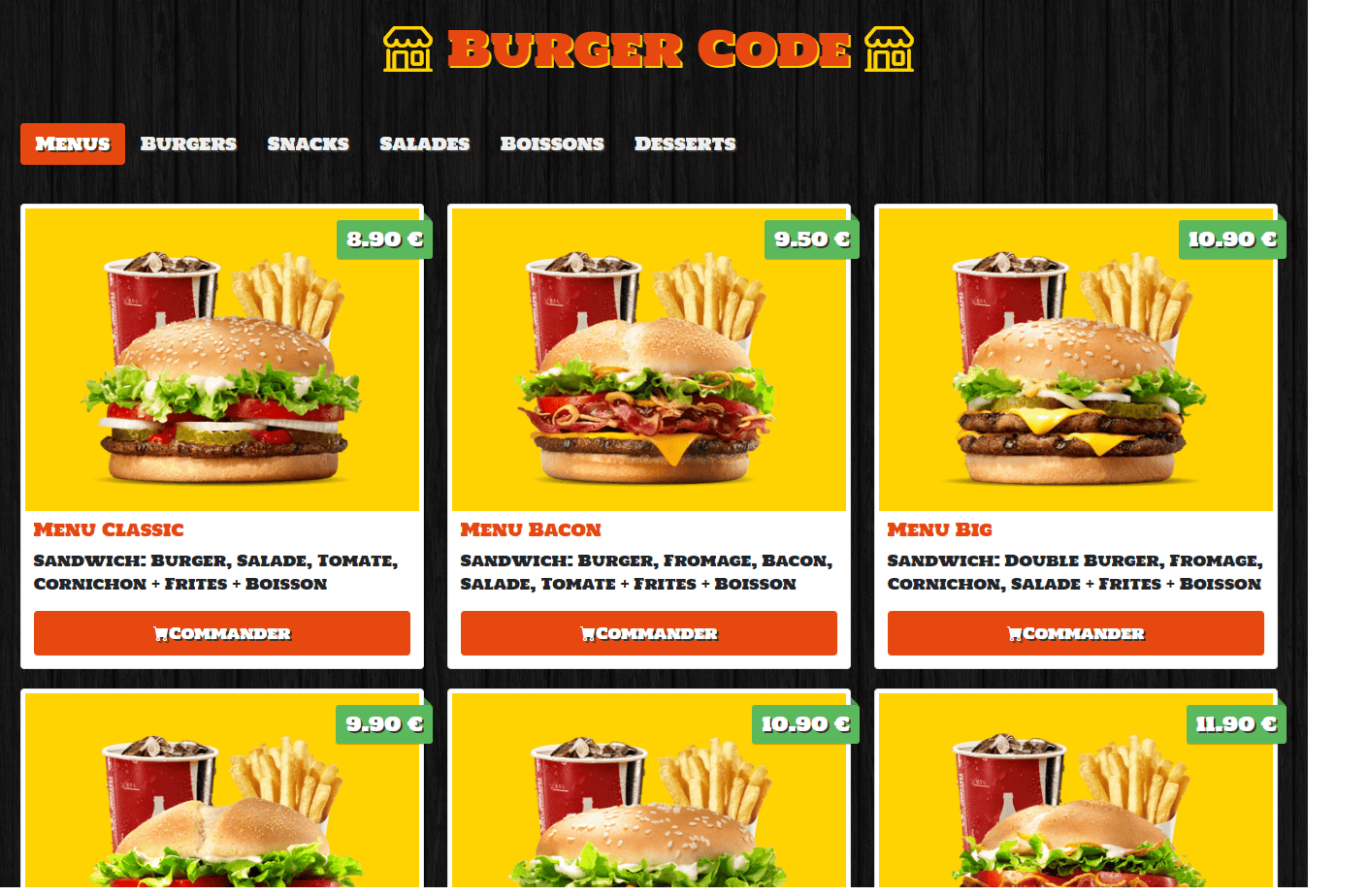 Capture d'écran du site de commande de fast-food factice